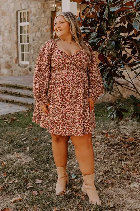 Harvest Cutie Floral Mini Dress in Dark Rust Curves sold by Impressions