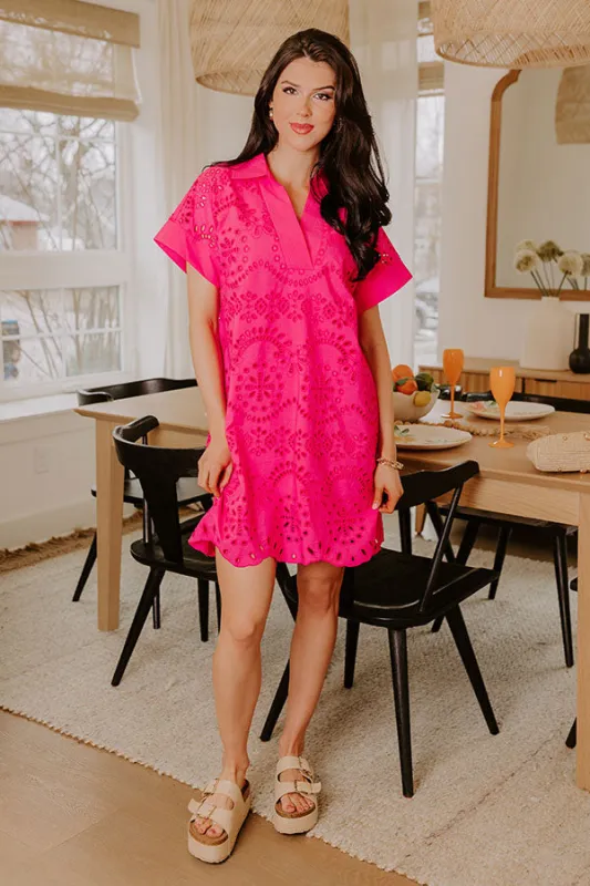 Smiles And Sorbet Eyelet Mini Dress in Hot Pink sold by Impressions