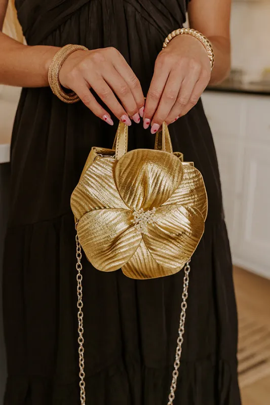 Monroe Flower Vegan Leather Top Handle Bag in Gold sold by Impressions