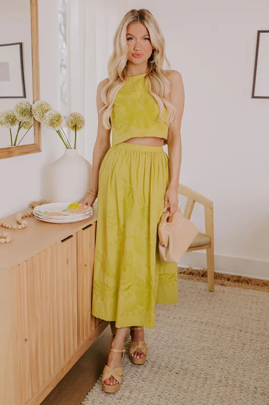 Vacay Bound High Waist Embroidered Midi Skirt in Lime Punch sold by Impressions