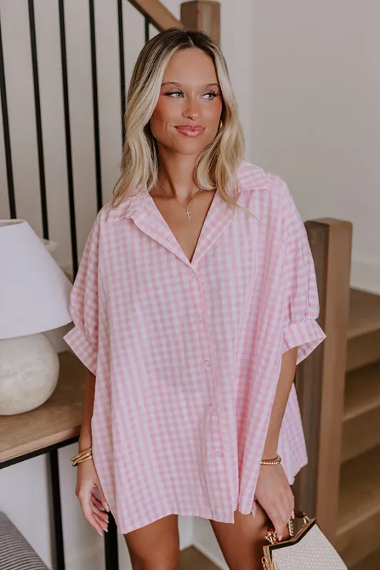 Picnic At The Park Oversized Gingham Button Up in Pink sold by Impressions