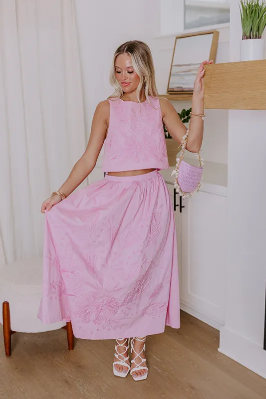 Vacay Bound High Waist Embroidered Midi Skirt in Blush sold by Impressions