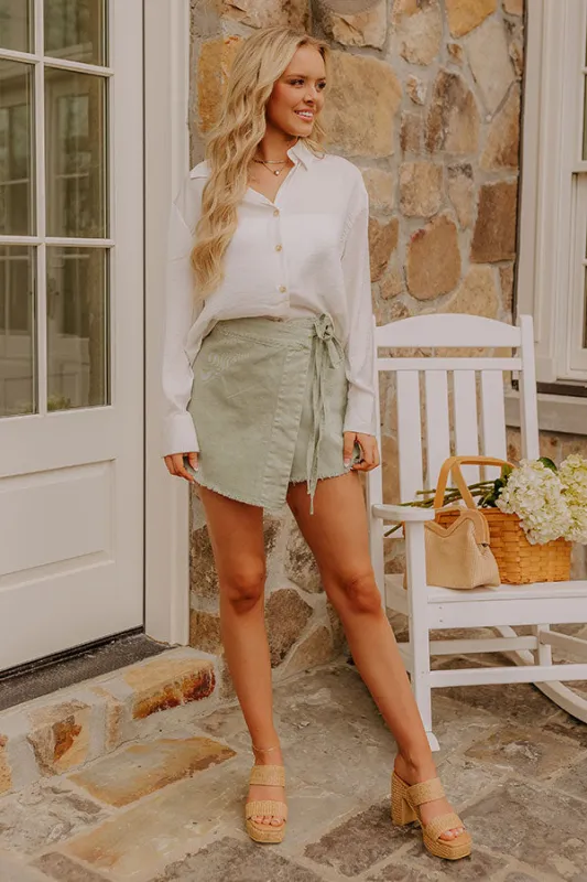 The Alice High Waist Denim Skort in Sage sold by Impressions