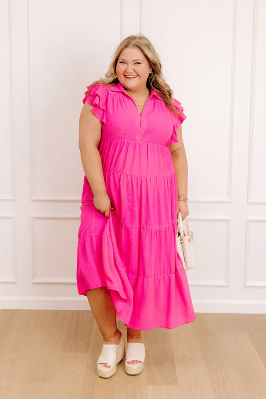 Sunny Spritzer Tiered Midi Dress in Hot Pink Curves sold by Impressions