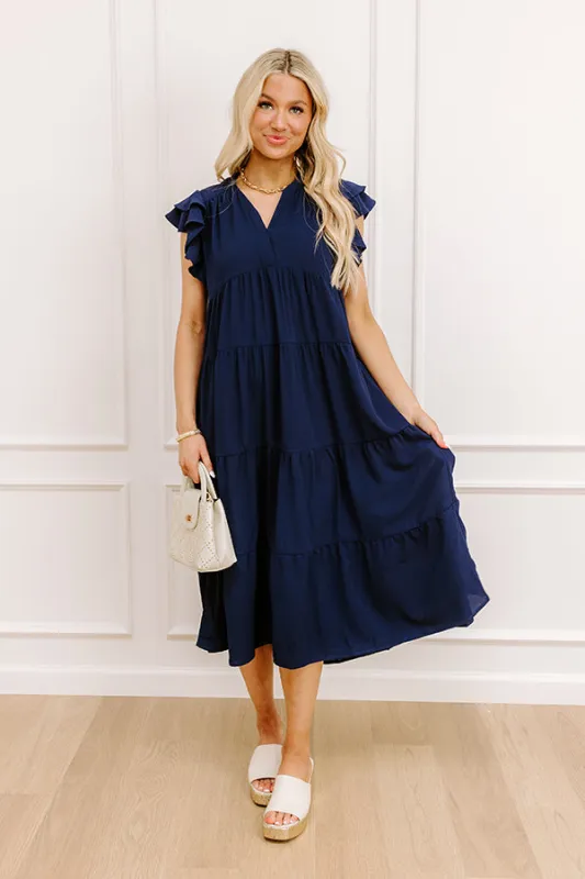 Sunny Spritzer Tiered Midi Dress in Navy sold by Impressions