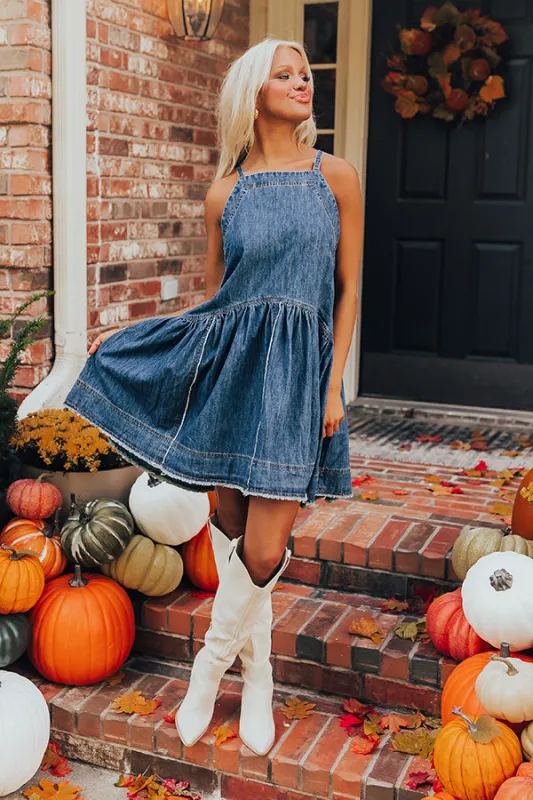 Always In Style Denim Mini Dress in Dark Wash sold by Impressions