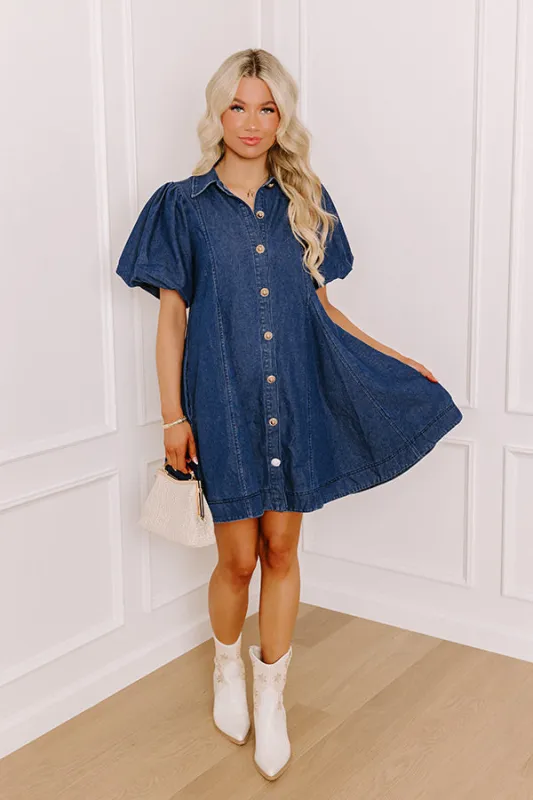 Dreamy Days Denim Mini Dress in Dark Wash sold by Impressions