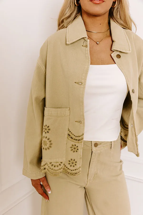 The Clara Eyelet Denim Jacket in Light Martini Olive sold by Impressions product image thumbnail 4