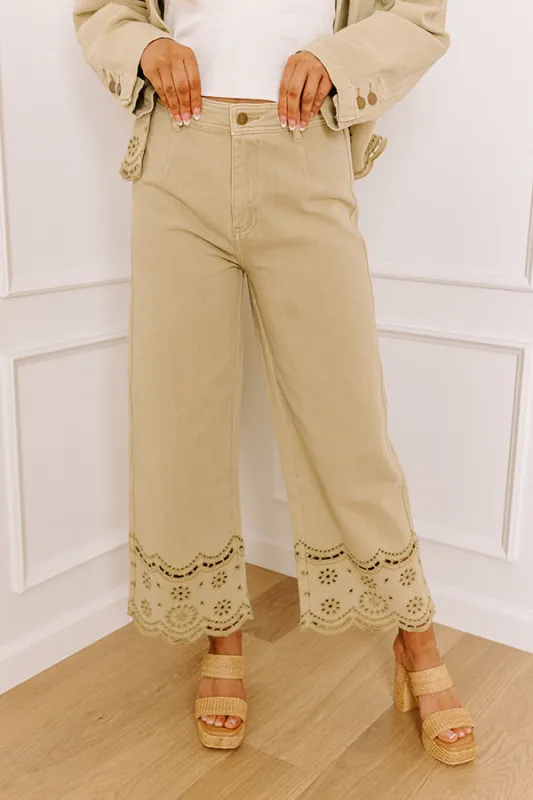 The Clara High Waist Wide Leg Eyelet Jean in Light Martini Olive sold by Impressions