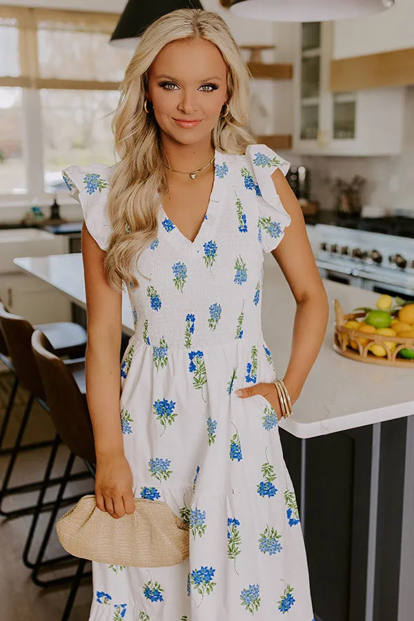 Gleaming Smile Floral Smocked Midi Dress in White sold by Impressions product image thumbnail 3