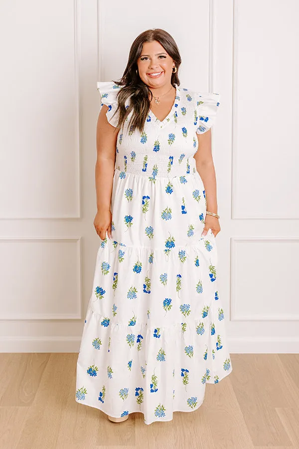 Gleaming Smile Floral Smocked Midi Dress in White Curves sold by Impressions