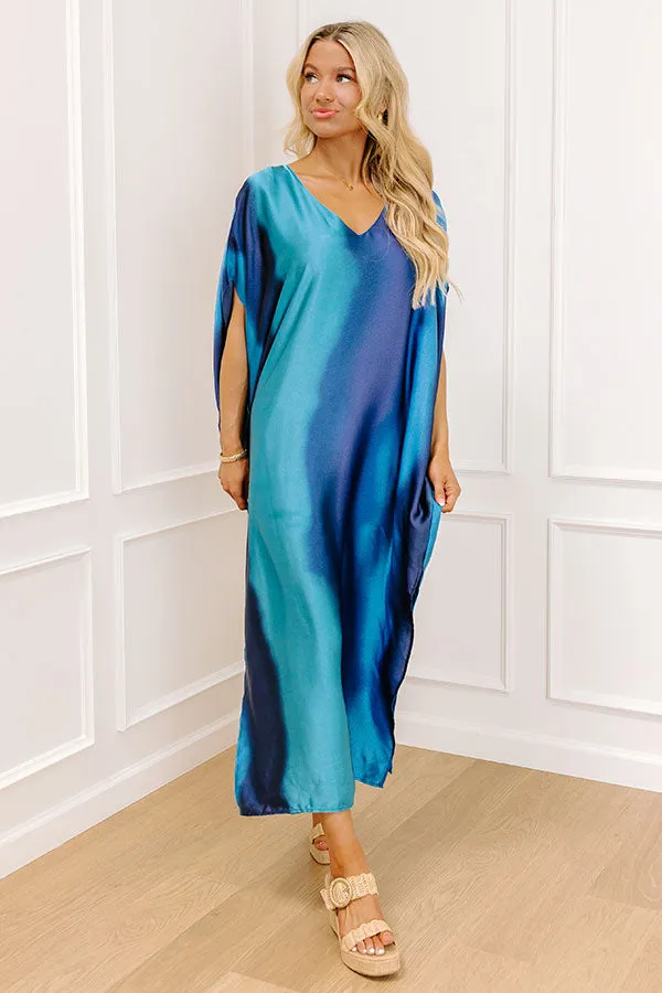 Moonlit Lagoon Satin Caftan Maxi Dress in Blue sold by Impressions