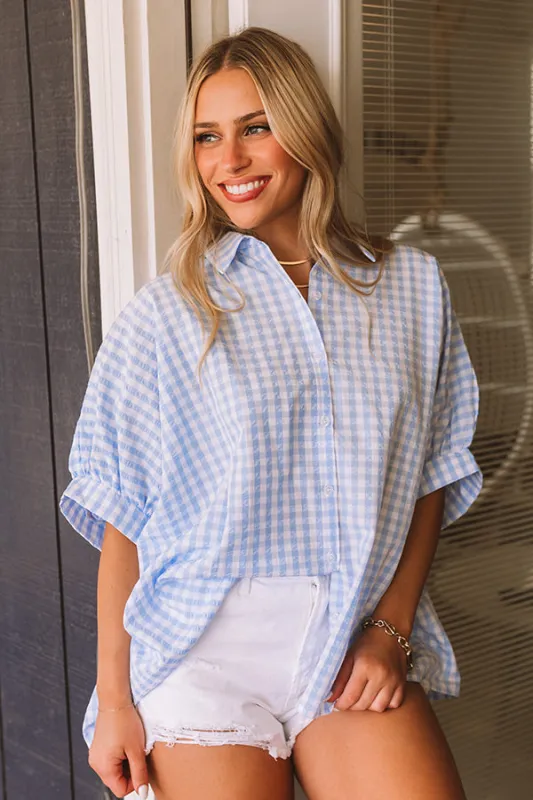 Picnic At The Park Oversized Gingham Button Up in Sky Blue sold by Impressions