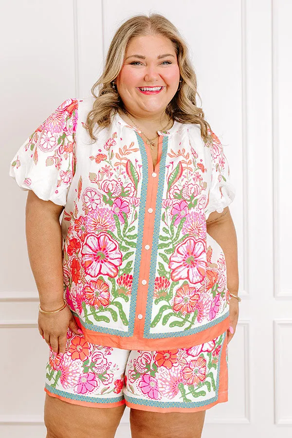 Santorini Daydream Linen-Blend Floral Top in Ivory Curves sold by Impressions