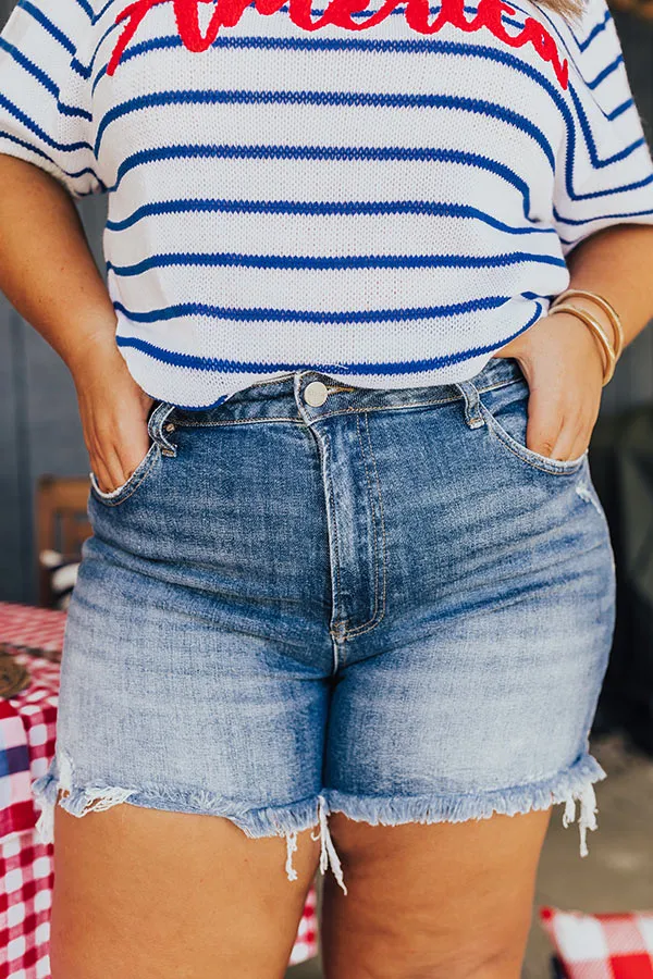 Risen Maeve High Waist Frayed Shorts in Medium Wash Curves sold by Impressions product image thumbnail 3