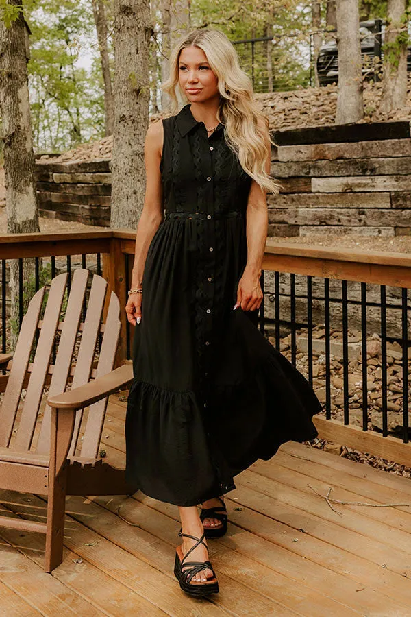 Graceful Moments Button Down Midi Dress in Black sold by Impressions