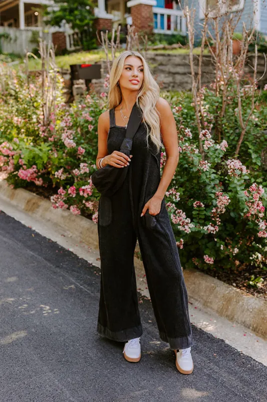 Cue The Charm Wide Leg Waffle Knit Jumpsuit in Vintage Black sold by Impressions