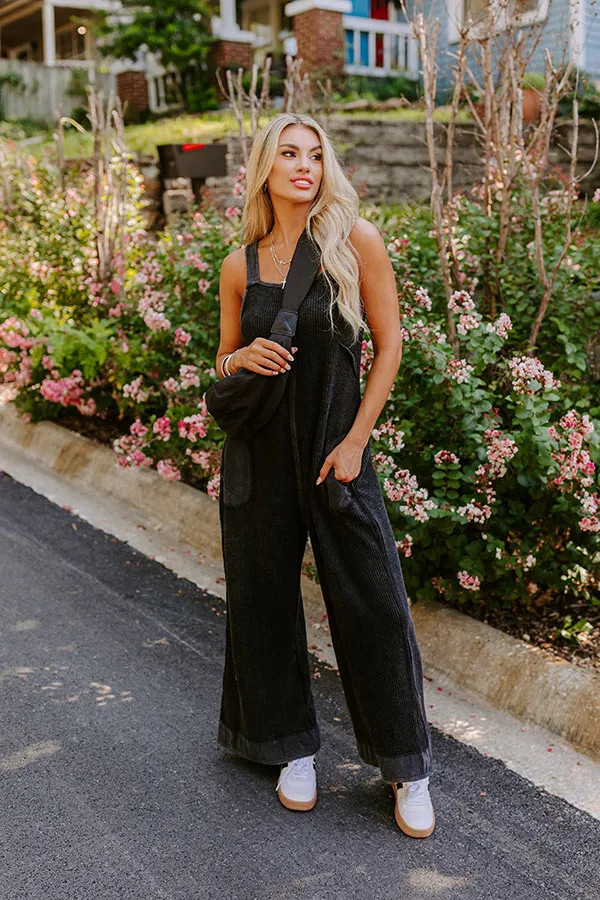 Cue The Charm Wide Leg Waffle Knit Jumpsuit in Vintage Black sold by Impressions
