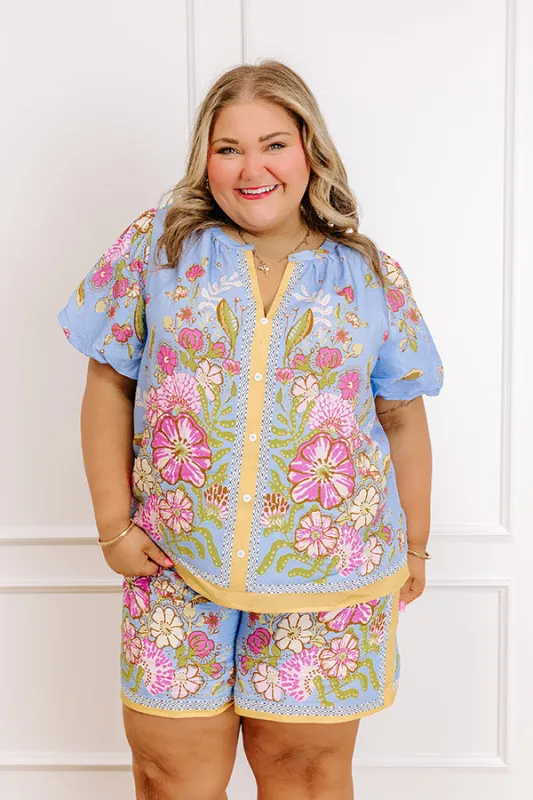 Santorini Daydream Linen-Blend Floral Top in Periwinkle Curves sold by Impressions