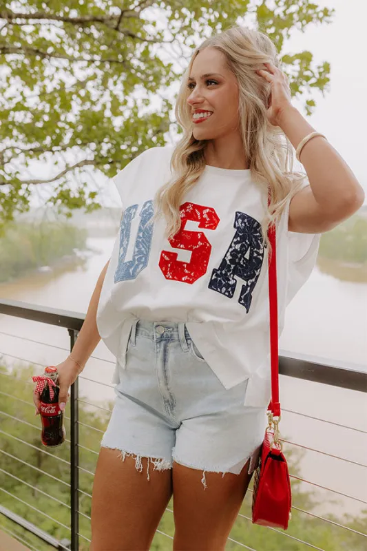 Red, White And Lace USA Embroidered Tee sold by Impressions
