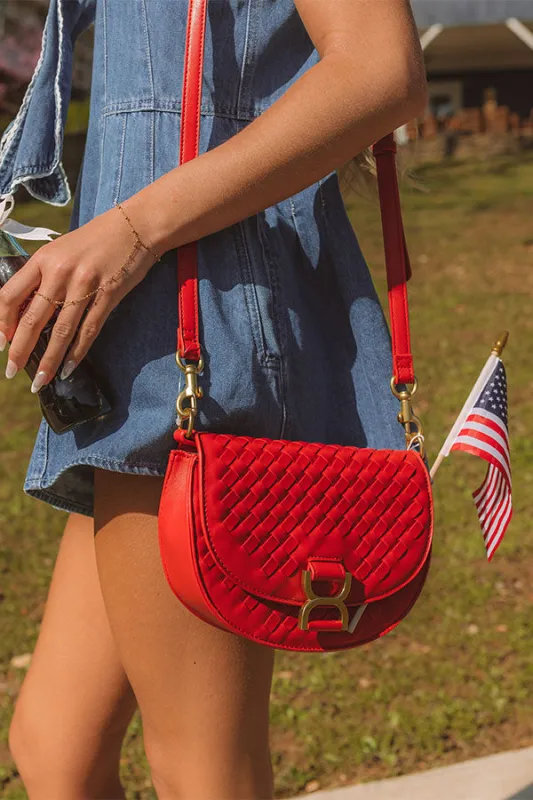 First Stop To Fabulous Faux Leather Woven Purse in Red sold by Impressions