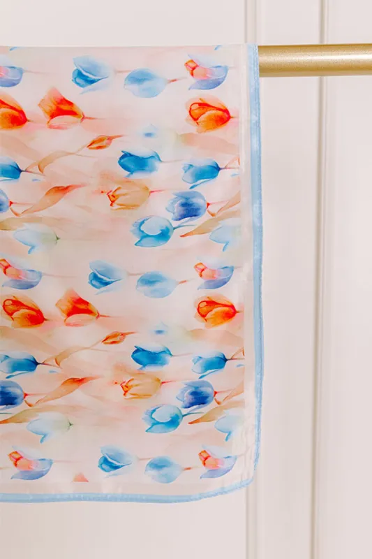 Tulip Fields Satin Hair Scarf in Sky Blue sold by Impressions
