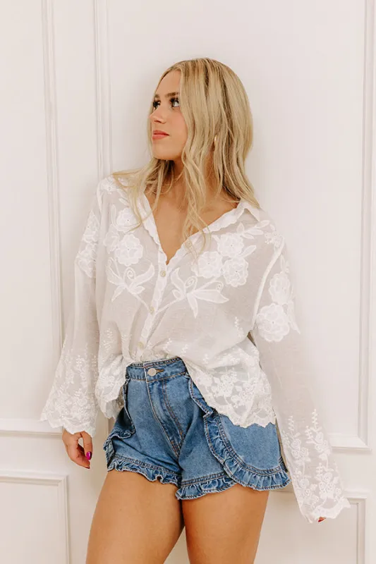 Sweet Aroma Embroidered Button Up in White sold by Impressions
