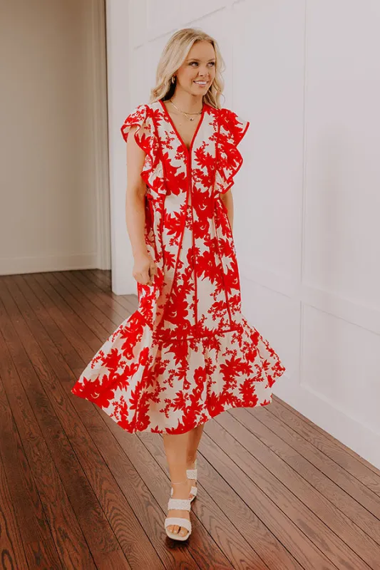 Honey And Hibiscus Floral Midi Dress in Red sold by Impressions
