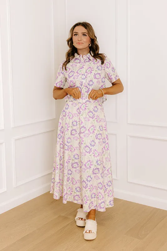 Butterfly Garden High Waist Floral Midi Skirt in Lavender sold by Impressions