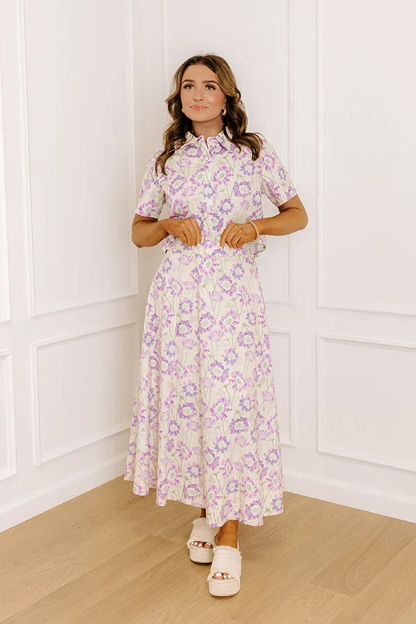 Butterfly Garden High Waist Floral Midi Skirt in Lavender sold by Impressions