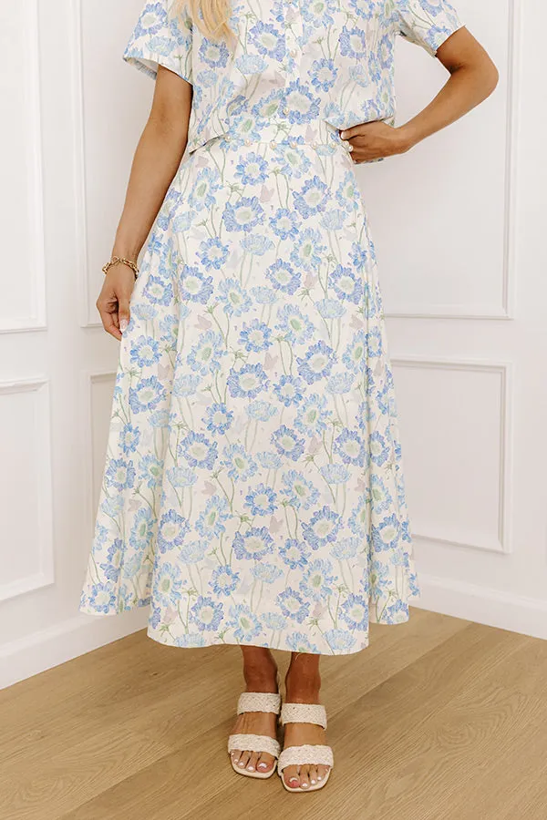 Butterfly Garden High Waist Floral Midi Skirt in Blue sold by Impressions