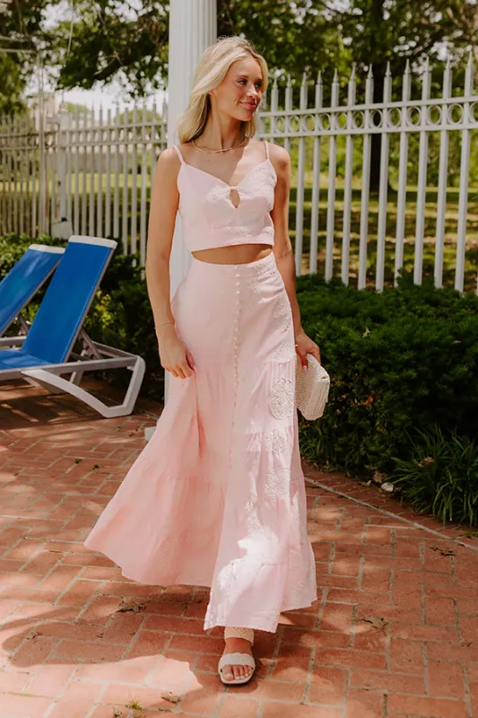 Sunkissed Meadow High Waist Embroidered Maxi Skirt in Pink sold by Impressions