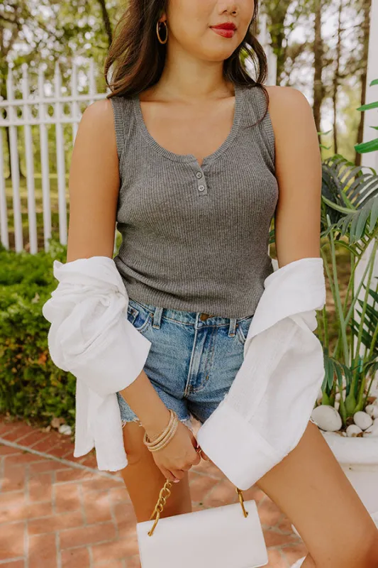 Coastal Brunch Linen-Blend Henley Top in Grey sold by Impressions