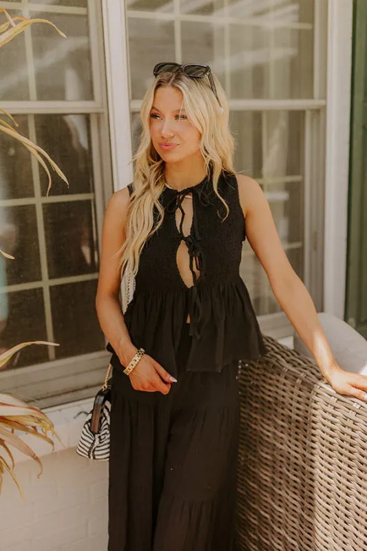 Santorini Breeze Front Tie Smocked Top in Black sold by Impressions