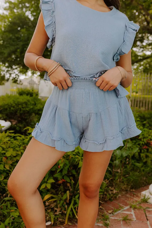 Coastal Muse Gauze High Waist Ruffle Shorts in Airy Blue sold by Impressions