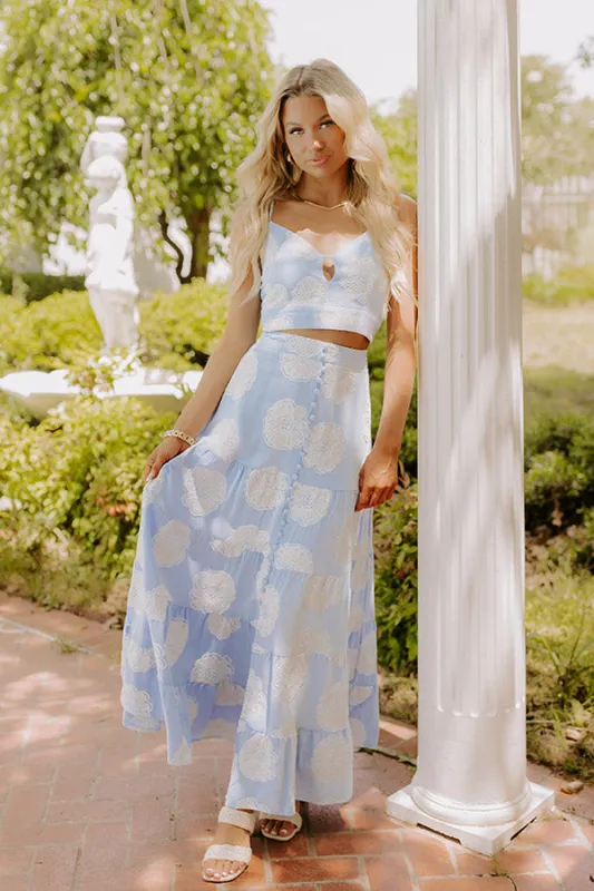 Sunkissed Meadow High Waist Embroidered Maxi Skirt in Sky Blue sold by Impressions