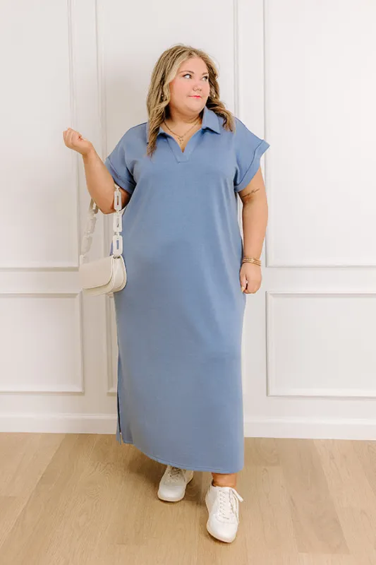 Cue The Casual T-shirt Midi Dress in Airy Blue Curves sold by Impressions