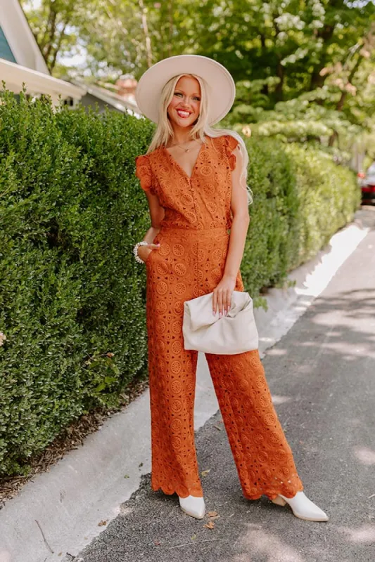 Under The Tucson Sun Crochet Jumpsuit in Rust sold by Impressions