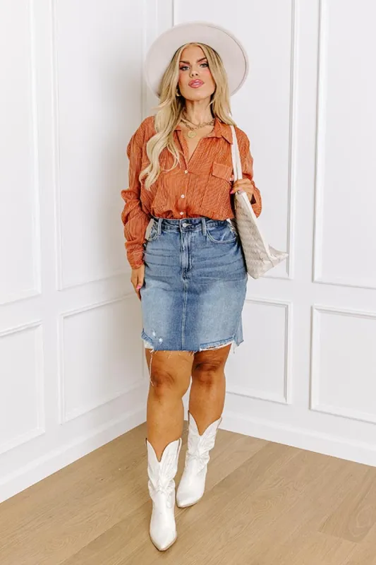 Stripes And Smiles Shift Top in Rust Curves sold by Impressions