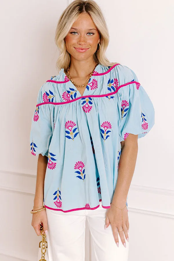 Joyful Bloom Floral Embroidered Top in Sky Blue sold by Impressions