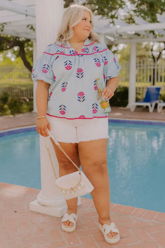 Joyful Bloom Floral Embroidered Top in Sky Blue Curves sold by Impressions