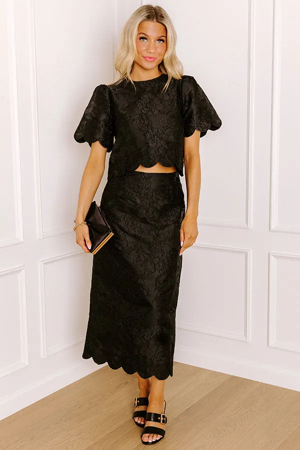 Garden Soiree High Waist Jacquard Maxi Skirt in Black sold by Impressions