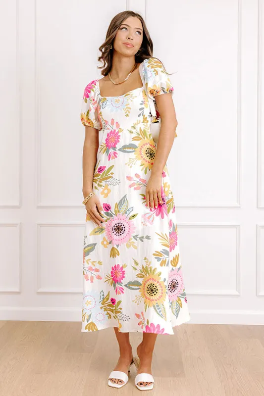 Joyful Blooms Linen-Blend Midi Dress in Pink sold by Impressions