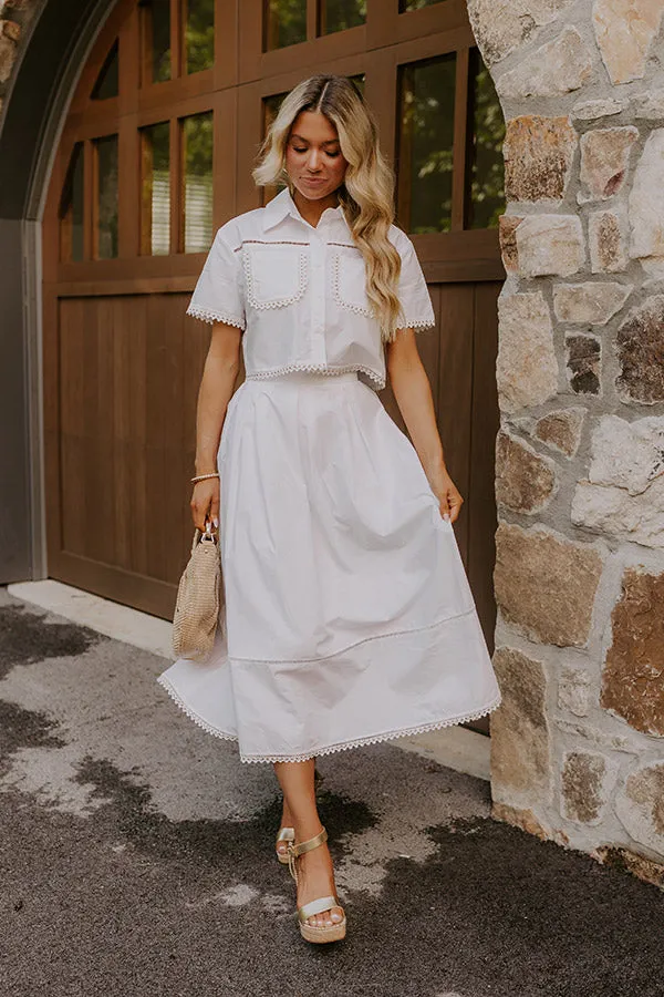 Courtyard Brunch High Waist Midi Skirt in White sold by Impressions