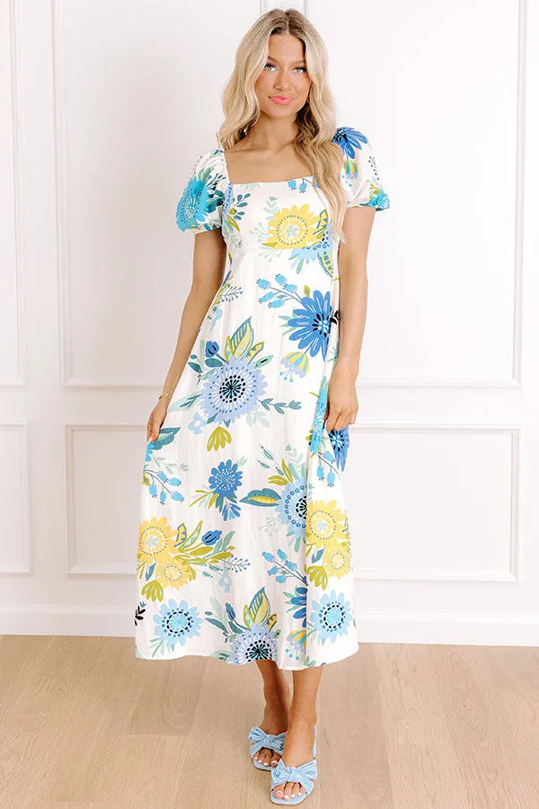 Joyful Blooms Linen-Blend Midi Dress in Blue sold by Impressions