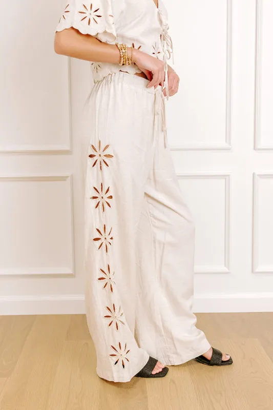 Sicily Stroll High Waist Linen-Blend Embroidered Pants in Oatmeal sold by Impressions