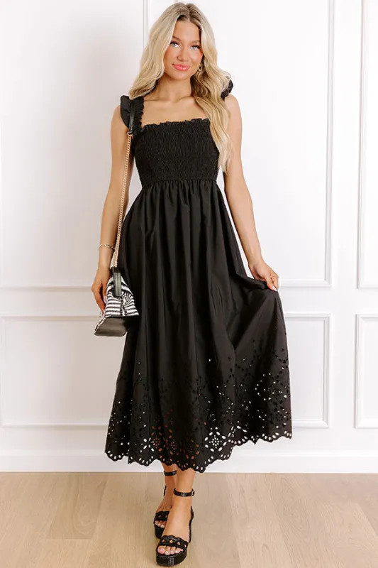 Call It Serendipity Smocked Eyelet Midi Dress in Black sold by Impressions