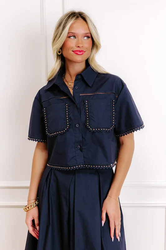 Courtyard Brunch Embellished Crop Top in Navy sold by Impressions