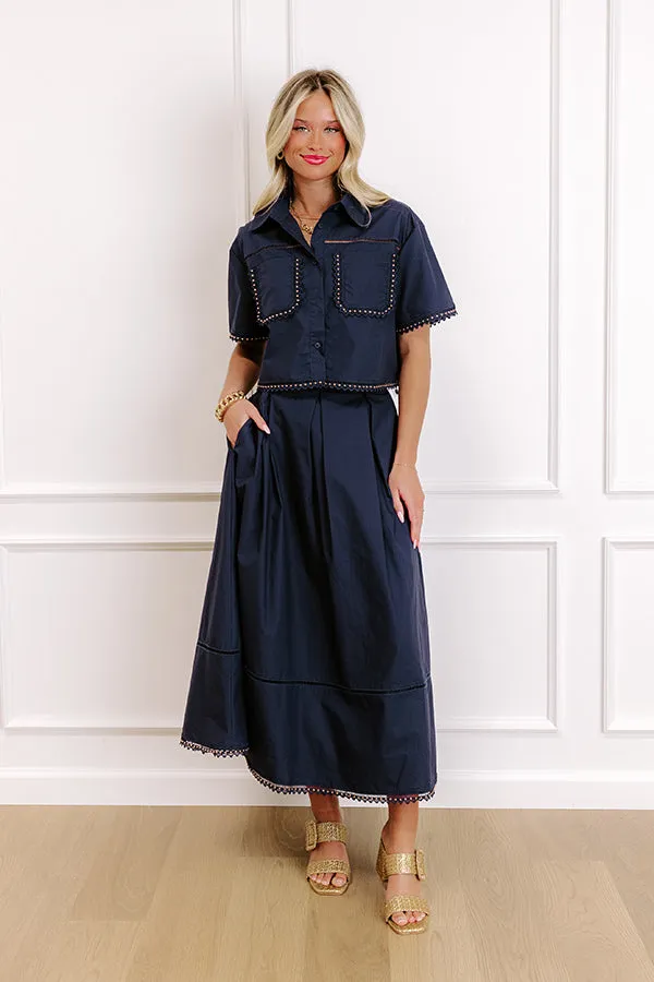 Courtyard Brunch High Waist Midi Skirt in Navy sold by Impressions