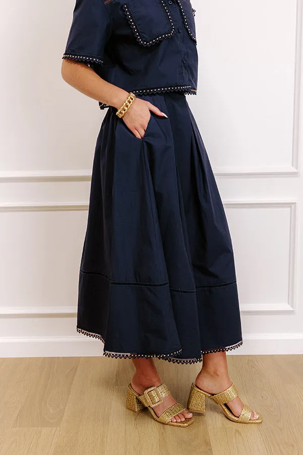 Courtyard Brunch High Waist Midi Skirt in Navy sold by Impressions product image thumbnail 3